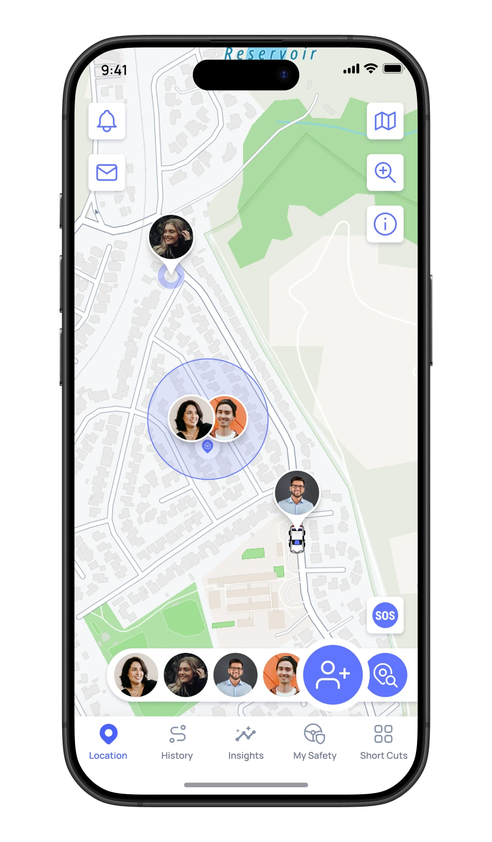 Phone screen displaying a mapping application with user profiles and icons.