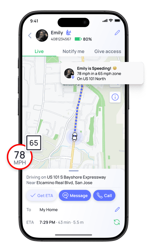 Phone screen showing a speed monitoring app with a map and speed details.