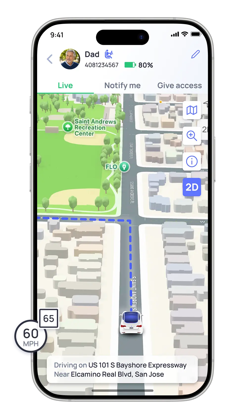 OtoZen live location screen showing an aging parent’s route, current speed, trip progress, and ETA