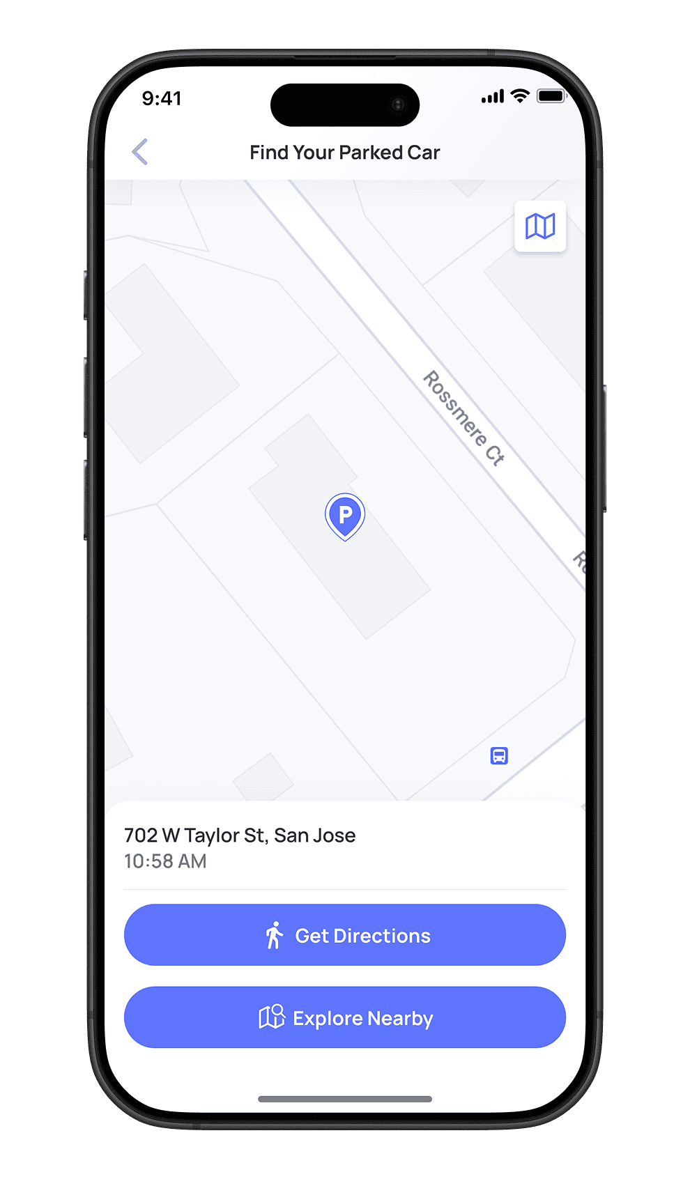 Car parking location app with a map and parking details.