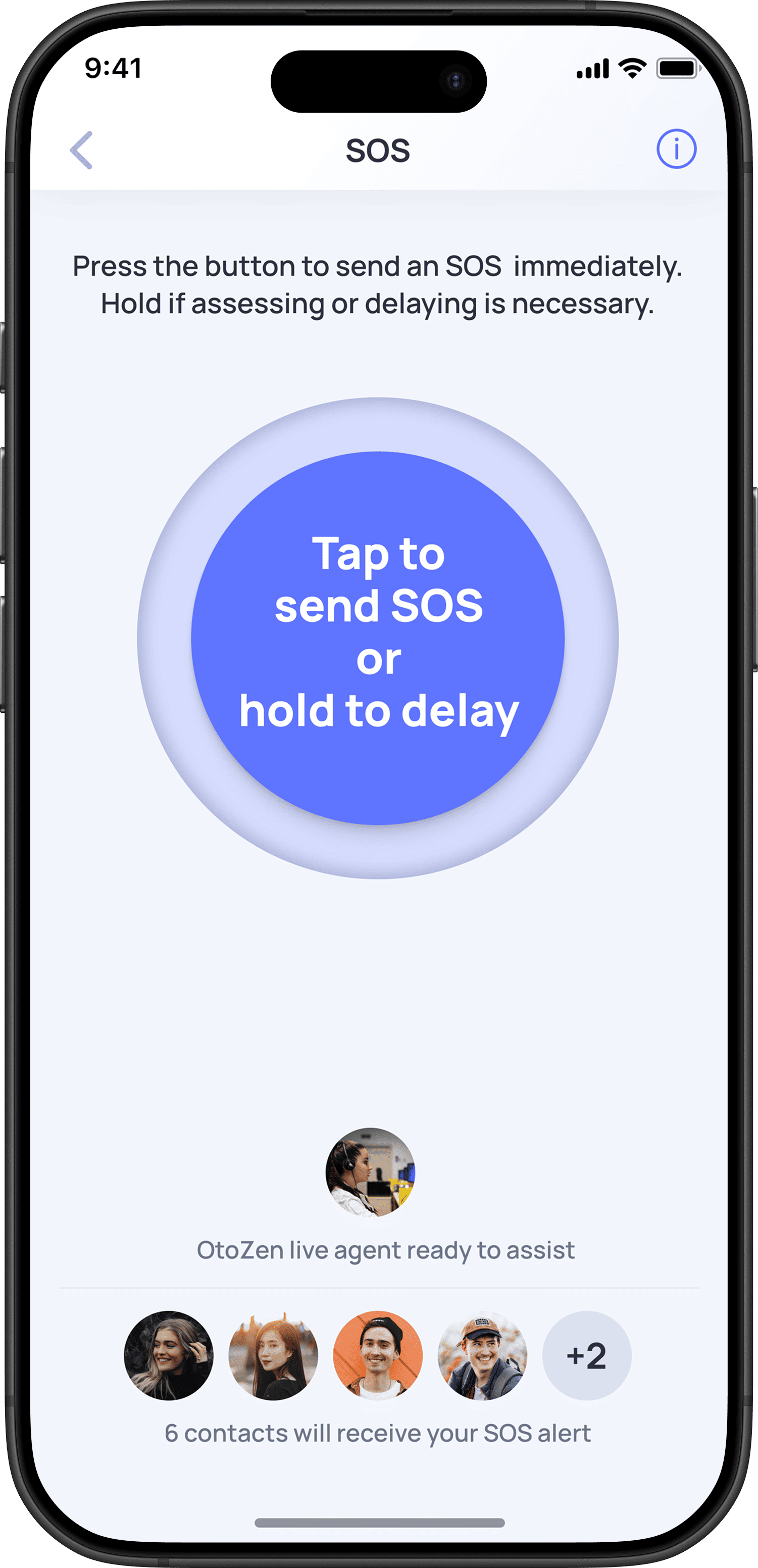 Phone screen showing an SOS emergency app with a blue button and text.