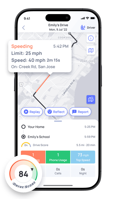 Driving app with speed monitoring and route information.