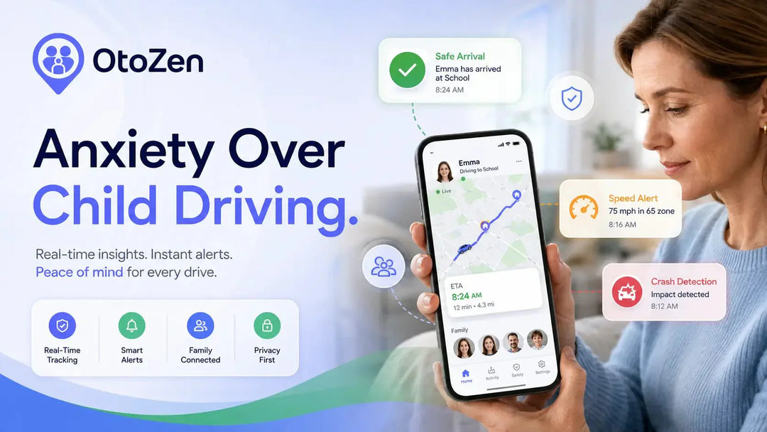 Parent feeling anxiety over child driving while using OtoZen to view live location, ETA, speed alerts, and safe arrival updates