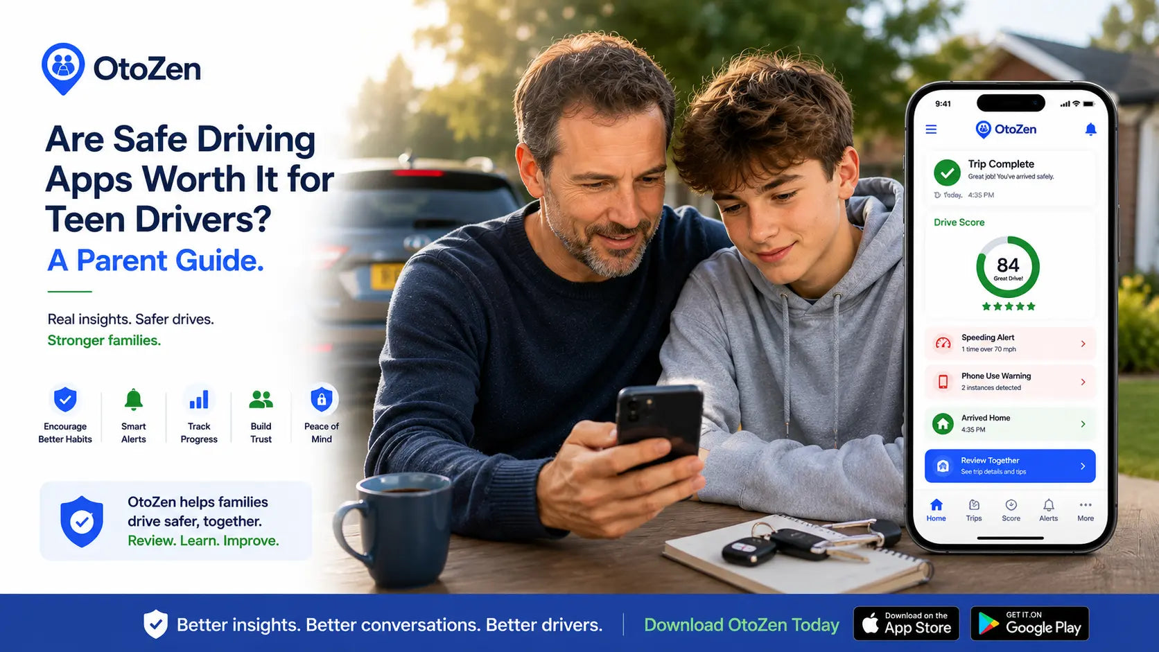 Parent and teen reviewing OtoZen safe driving app alerts and trip insights after a drive