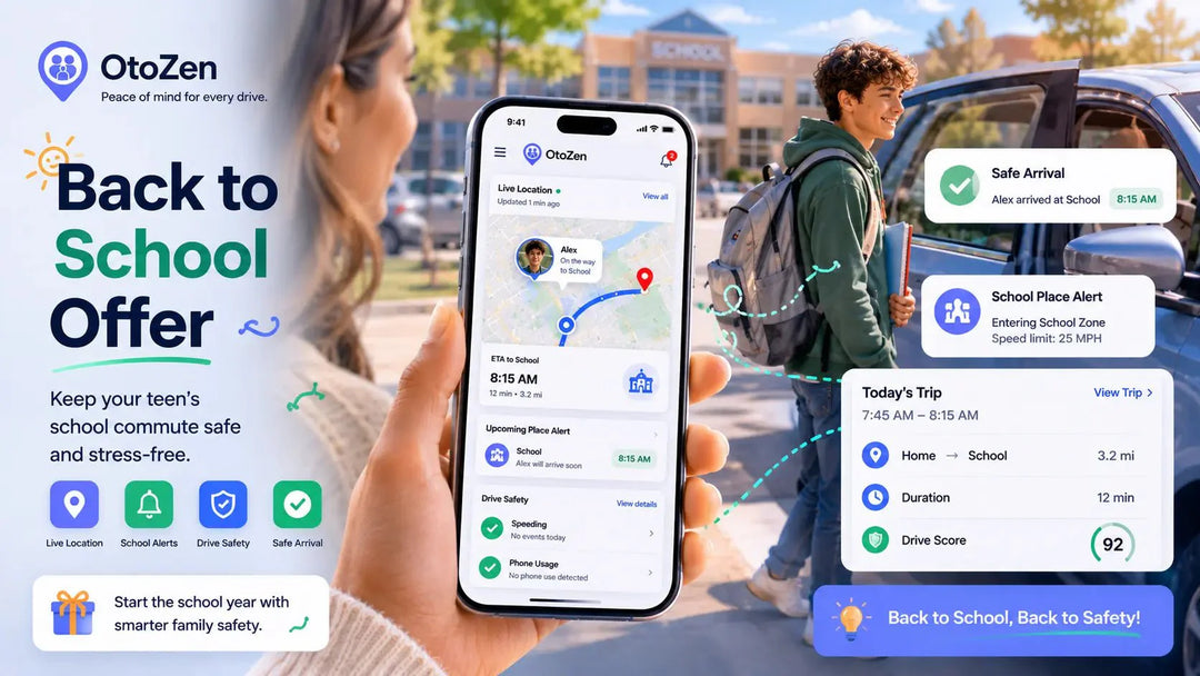 Back to school offer showing family location sharing, school arrival alerts, ETA, and teen driving safety with OtoZen