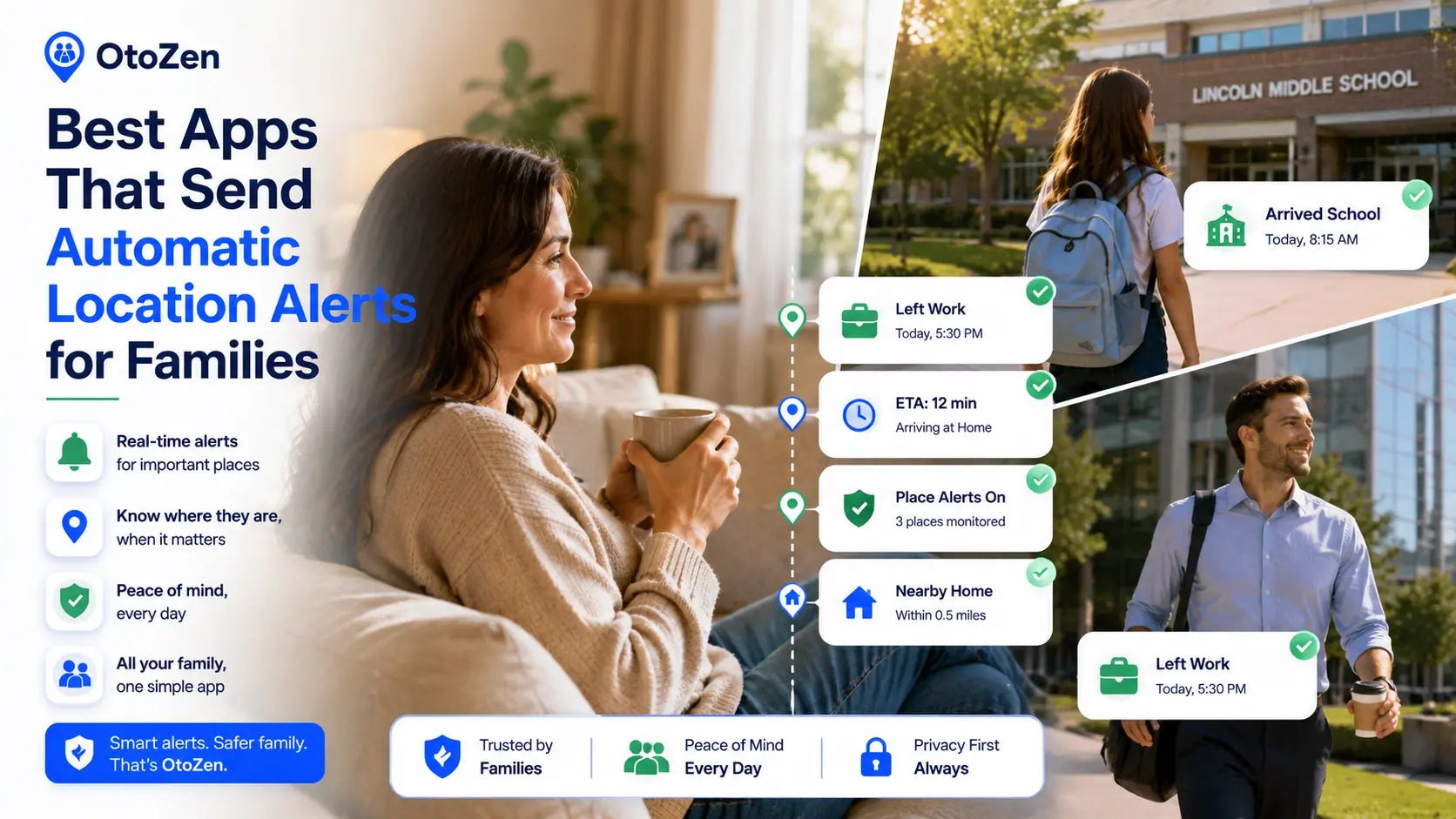Family using an app that sends automatic location alerts when someone arrives or leaves a saved place