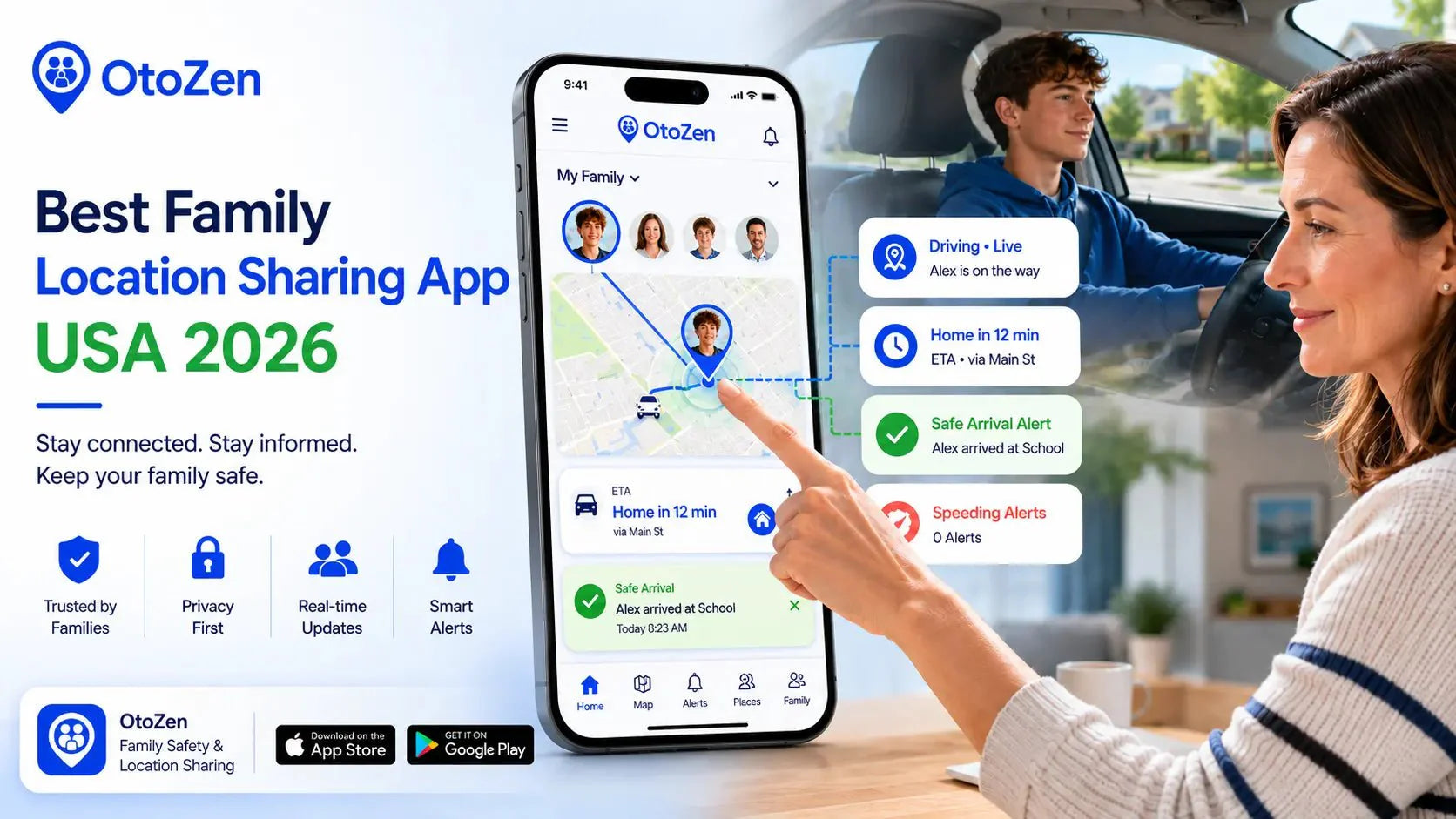 OtoZen family location sharing app showing a mother checking her teen driver’s live location, ETA, safe arrival, and driving safety alerts