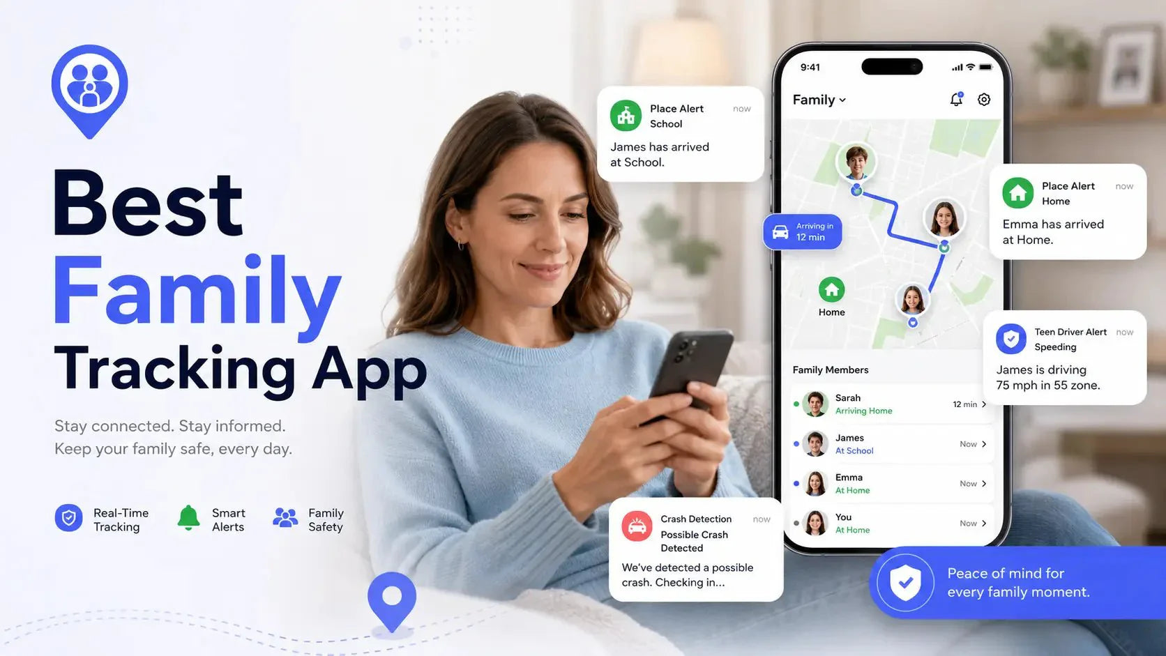 Best family tracking app showing live location, ETA, place alerts, teen driver safety, and crash detection