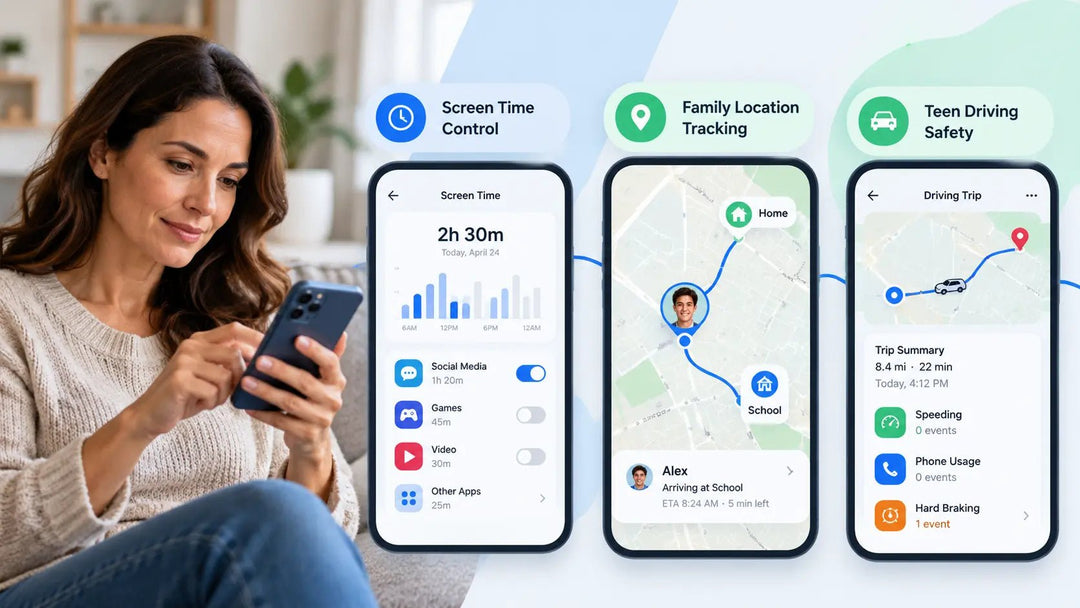 Three smartphone interfaces illustrating screen time controls, family location sharing, and teen driving safety.