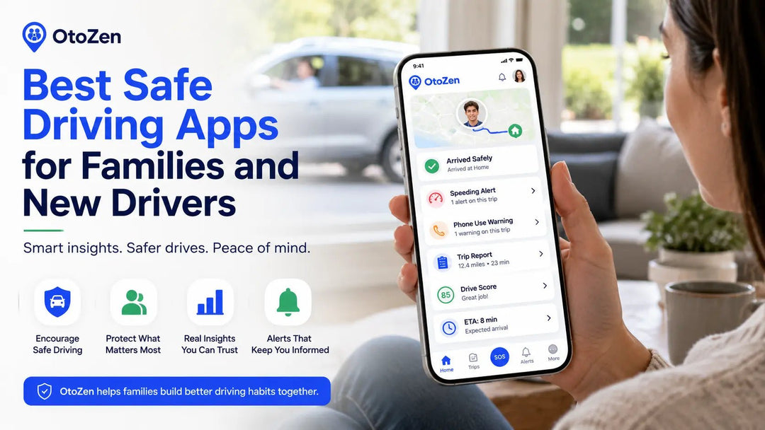Parent reviewing safe driving app alerts, trip reports and phone-use warnings on a smartphone