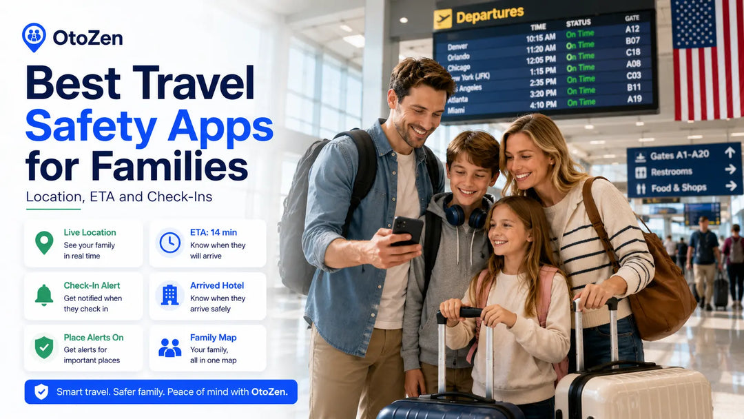 Family using a travel safety app with live location ETA and check-in alerts during a trip