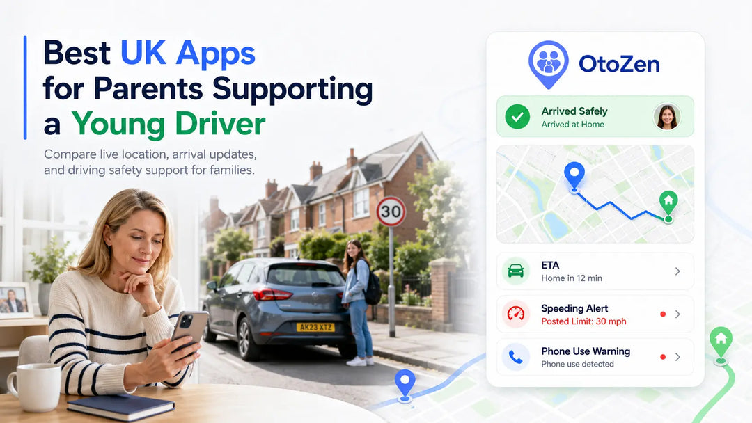 UK parent comparing young driver monitoring apps with live location, arrival alert, speeding alert and phone-use warning features