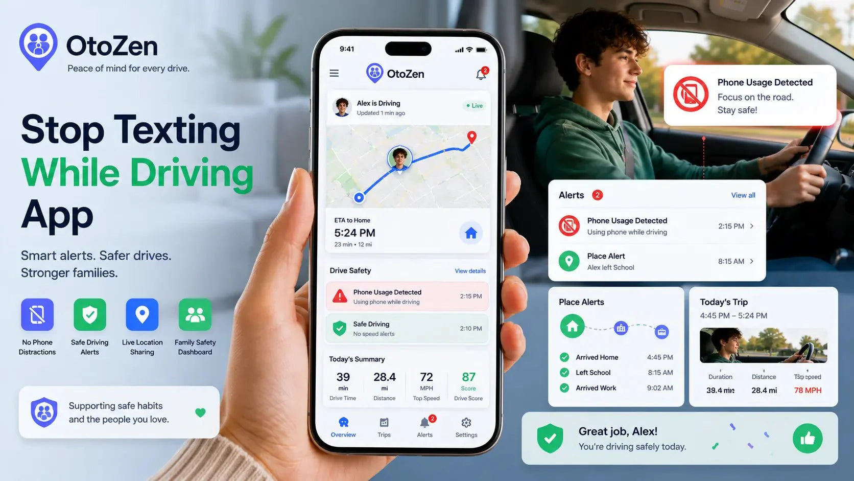 Stop texting while driving app showing phone use warning, safe driving alert, and family driving safety dashboard