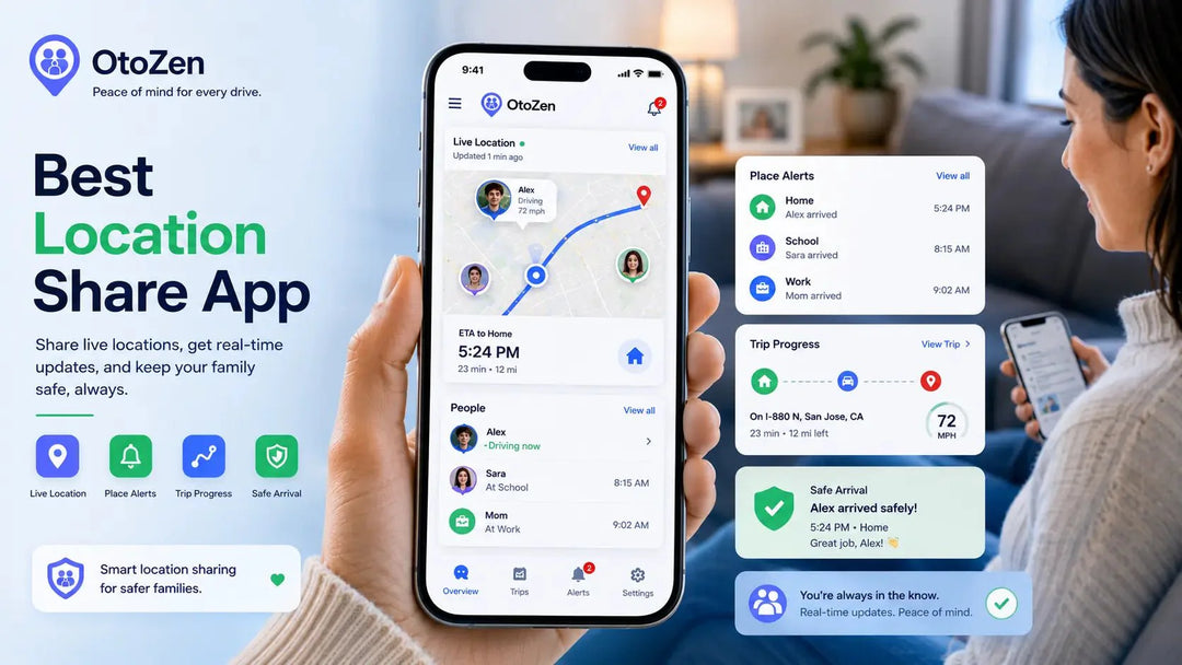 Best location share app showing live GPS location, ETA, place alerts, and family driving safety features