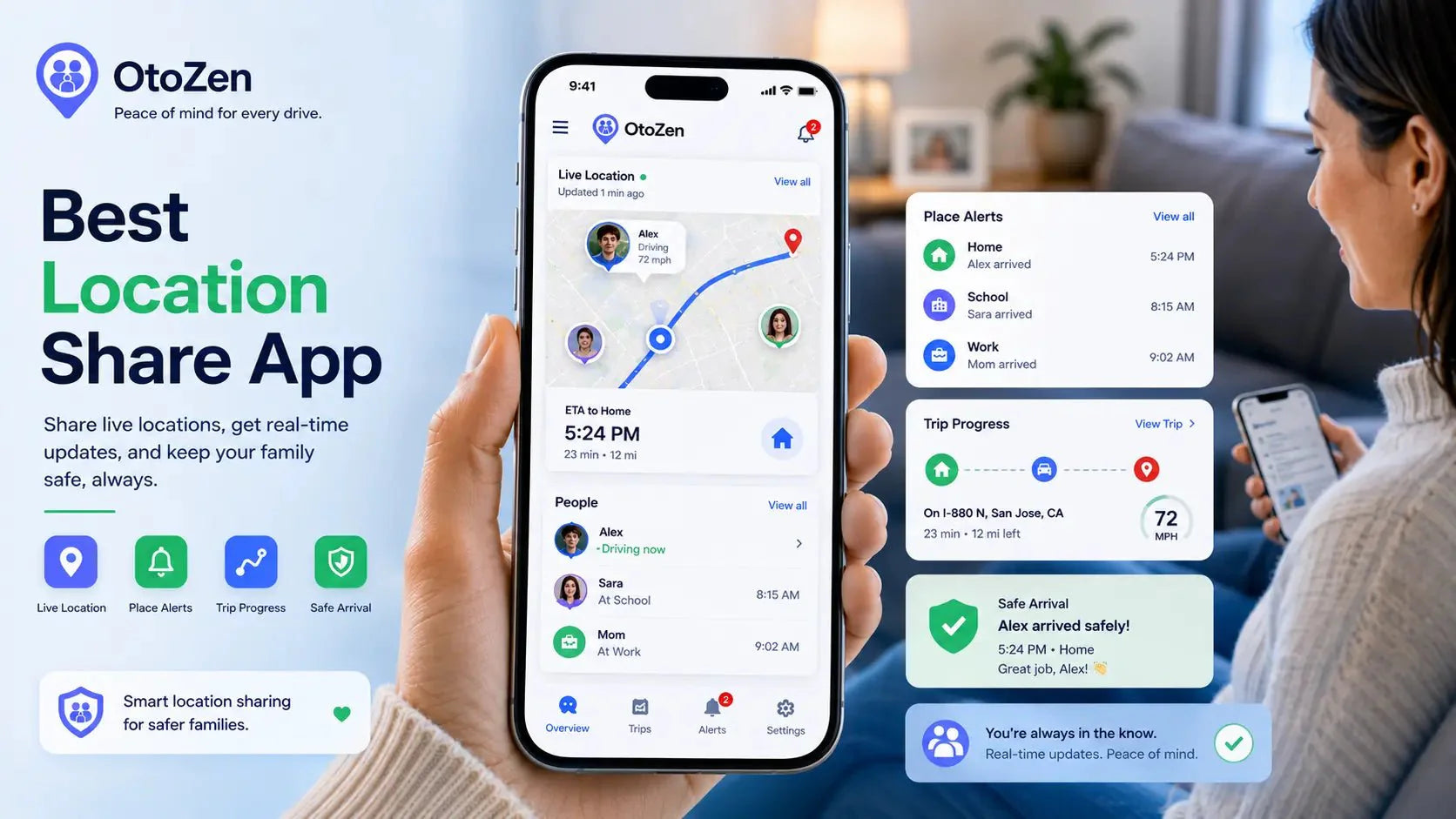 Best location share app showing live GPS location, ETA, place alerts, and family driving safety features