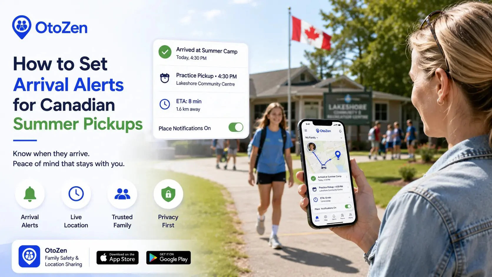 OtoZen arrival alerts showing a Canadian child arriving at summer camp with ETA and pickup notifications