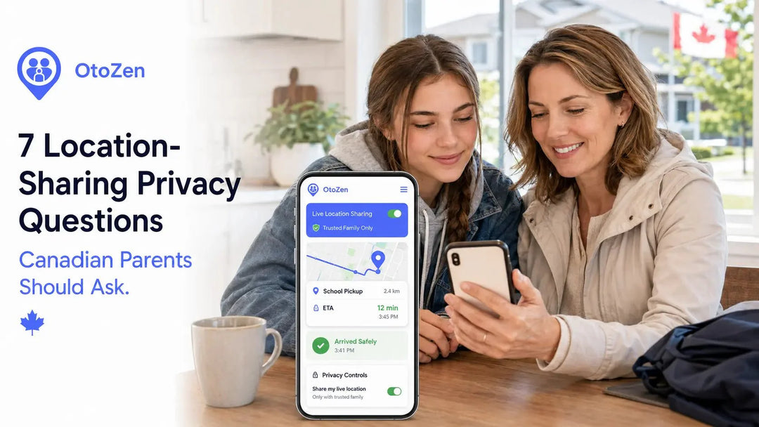 Canadian parent and teenager reviewing OtoZen live location sharing privacy controls before a school pickup