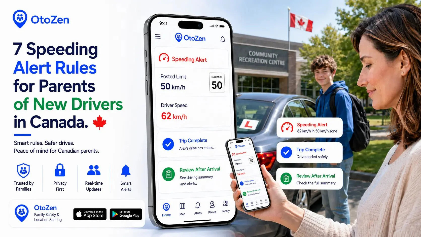 Canadian parent reviewing an OtoZen speeding alert for a new driver with speed shown in kilometres per hour