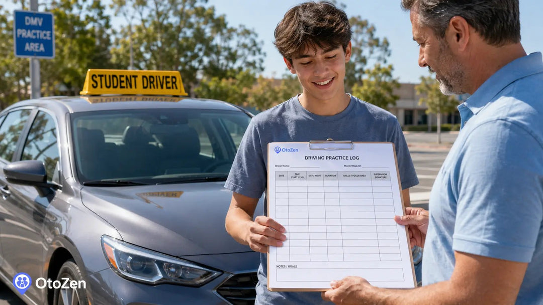 Parent and learner driver reviewing a driving log sheet after supervised practice