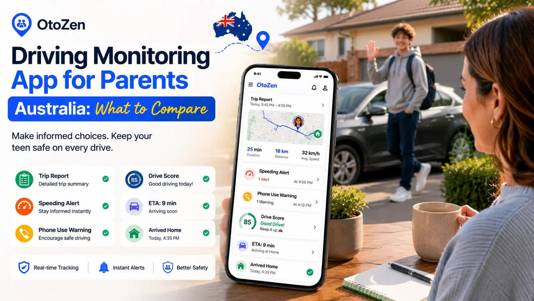 Parent in Australia reviewing teen driving alerts, speeding and phone-use warnings on a family safety app