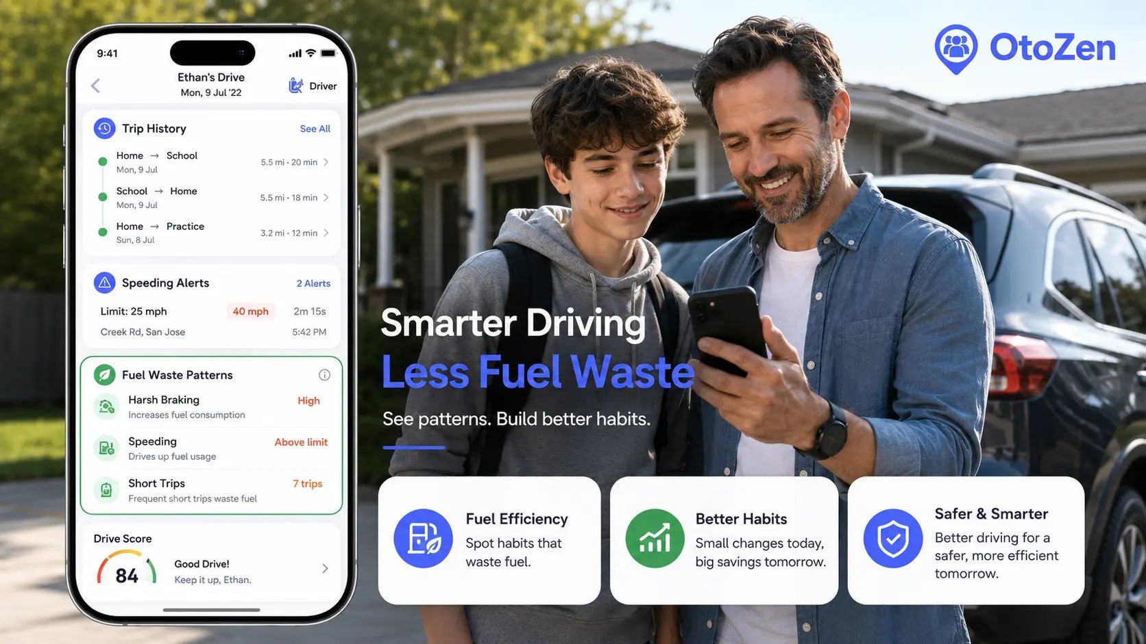 Parent and teen reviewing trip history and speeding alerts on an OtoZen app to reduce fuel waste while driving.