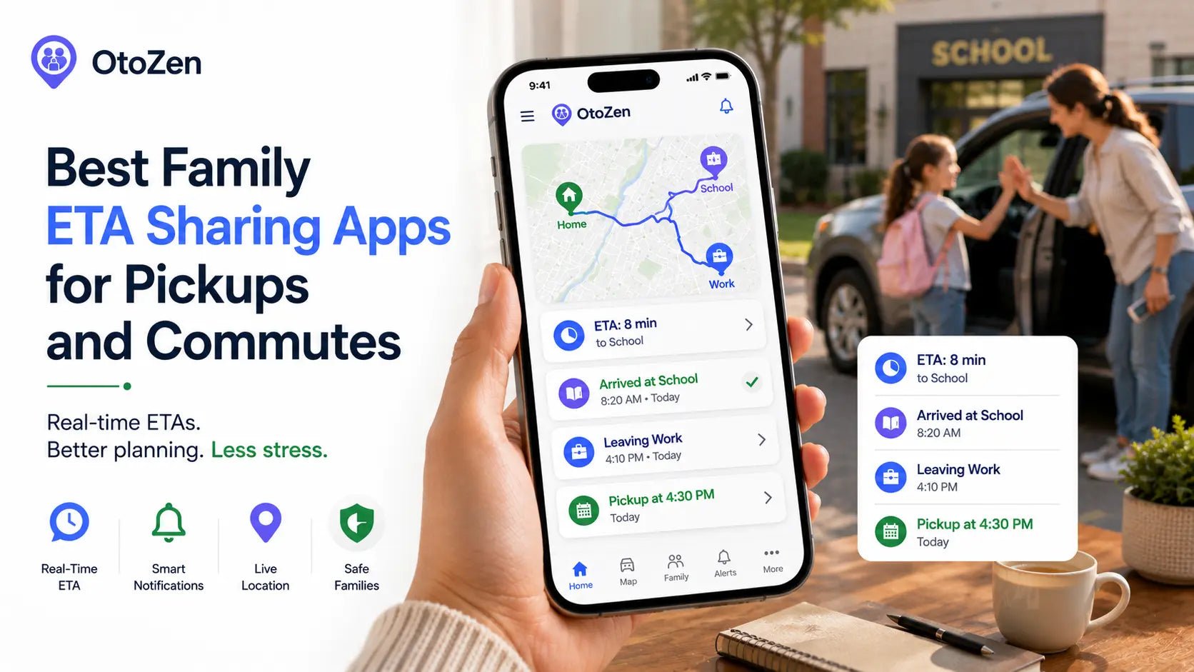 Family ETA sharing app showing OtoZen live location, pickup ETA and arrival notification