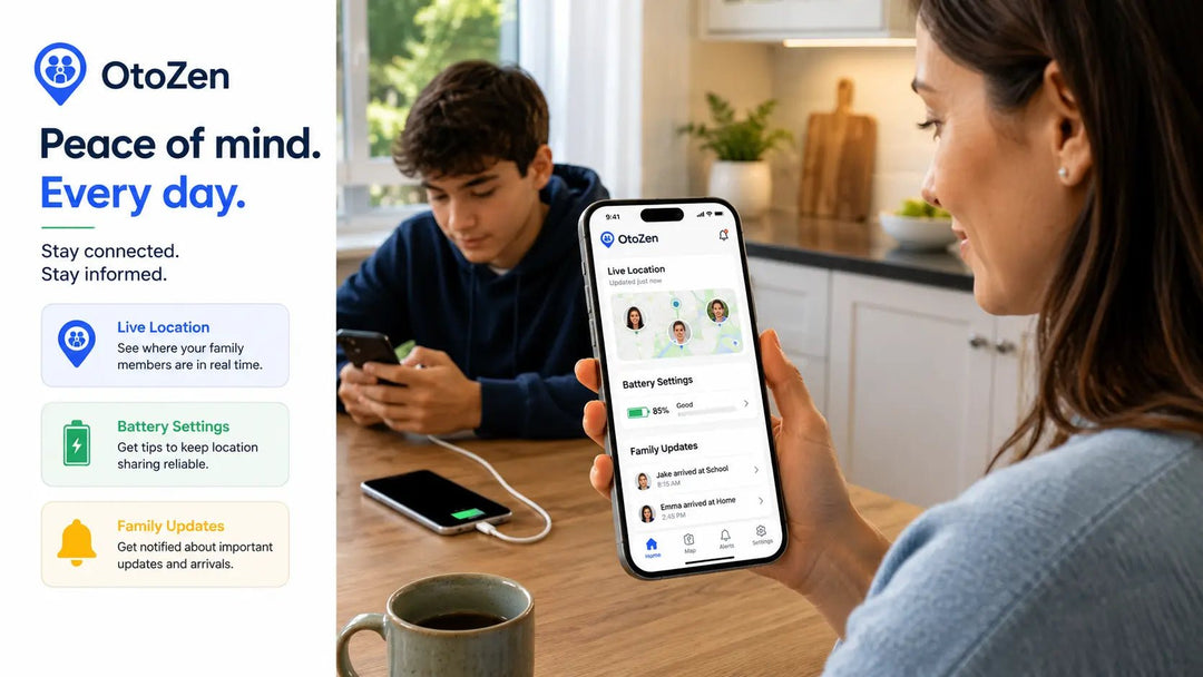 Parent reviewing family location app battery settings on an OtoZen-style phone dashboard