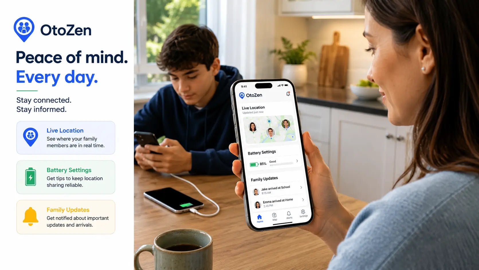 Parent reviewing family location app battery settings on an OtoZen-style phone dashboard
