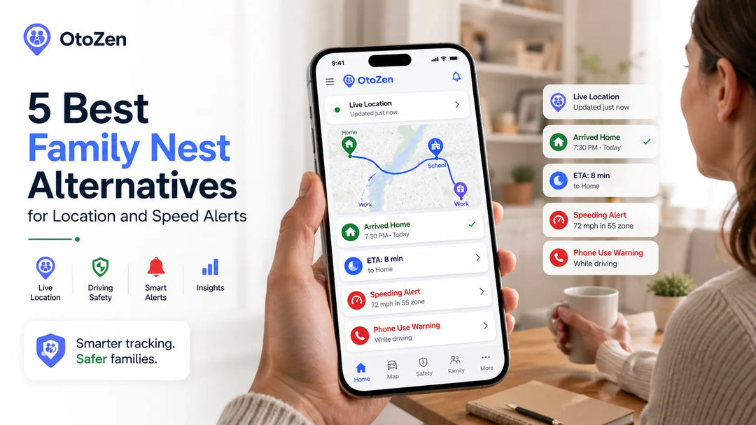 Family Nest alternatives comparison showing OtoZen live location, place notifications and speed alerts