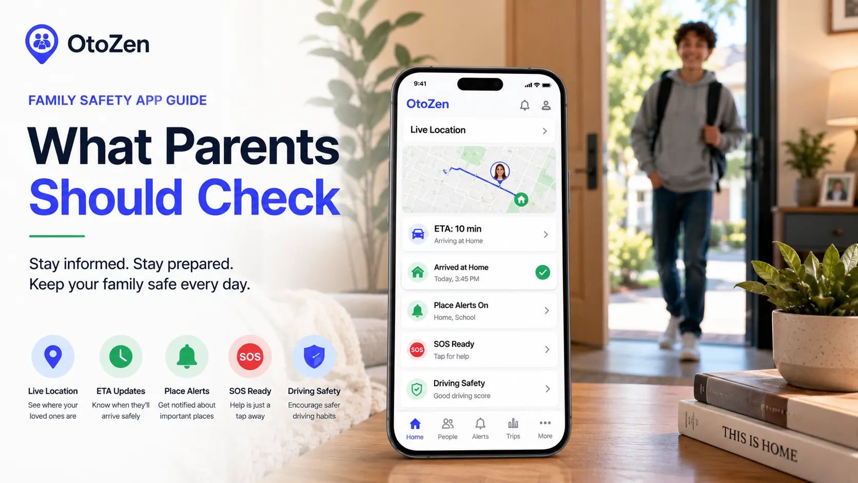 Parent using a family safety app to view live location, ETA and arrival alerts