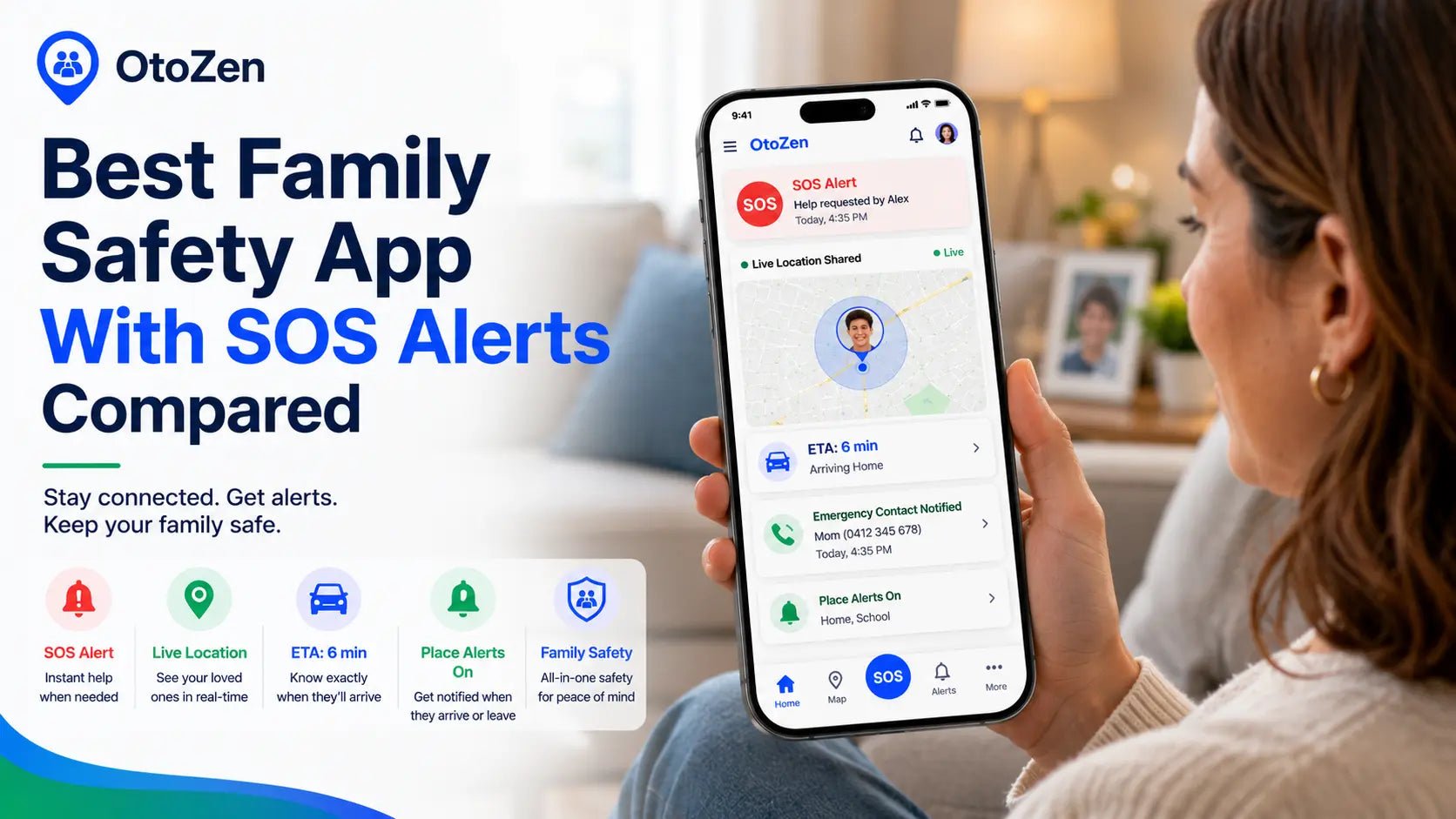 Parent receiving an SOS alert and live location from a family member using a family safety app