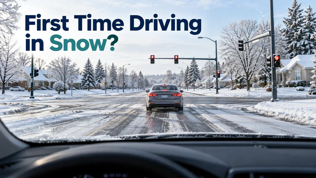 A car driving cautiously along a snow-covered suburban road during winter.
