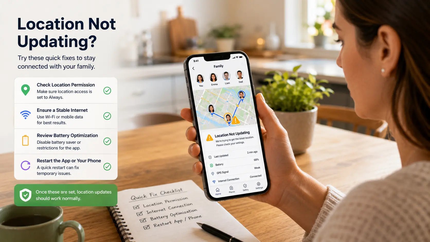 Parent troubleshooting HeyPolo not working for family location sharing.
