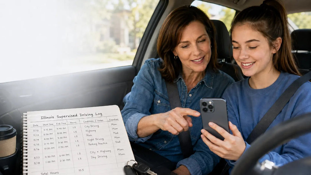 Parent and teen reviewing an Illinois paper driving log beside an OtoZen trip reports screen in a parked car.