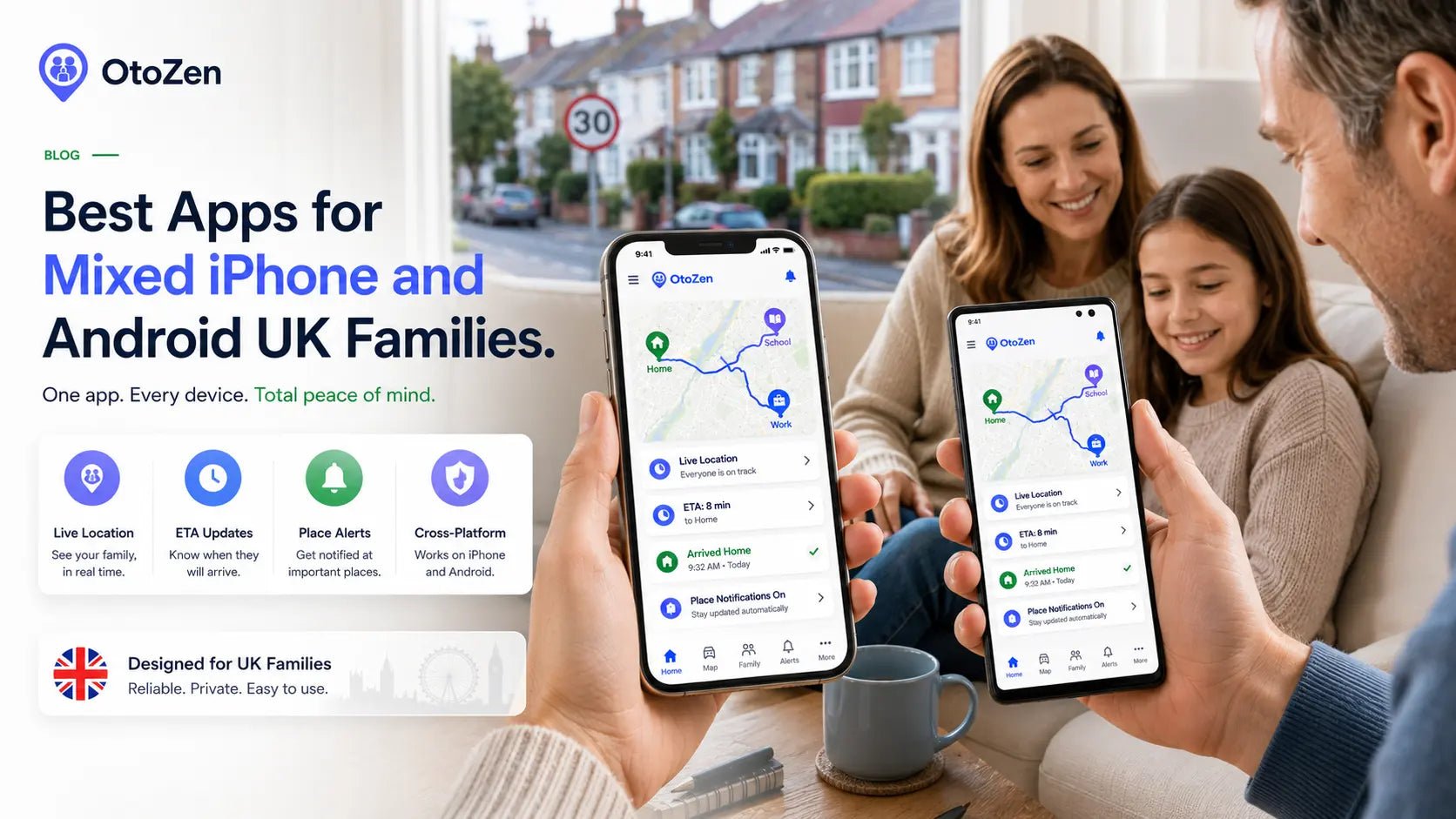 UK family using OtoZen live location sharing across iPhone and Android phones