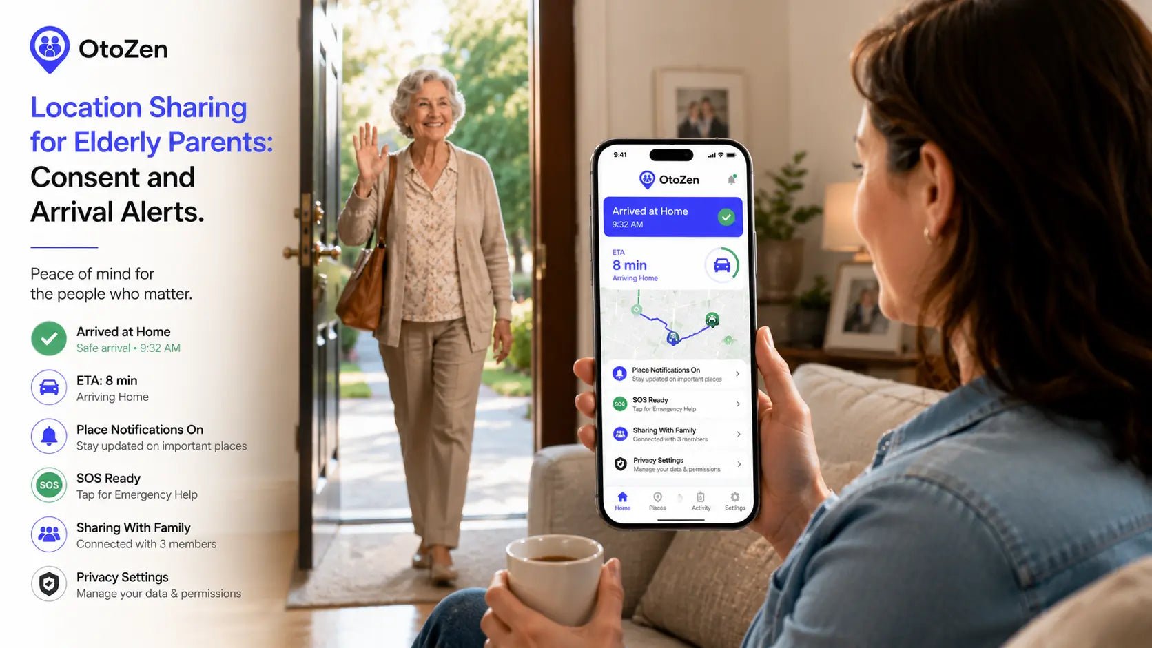 Adult child receiving an arrival alert from elderly parent using a family location sharing app