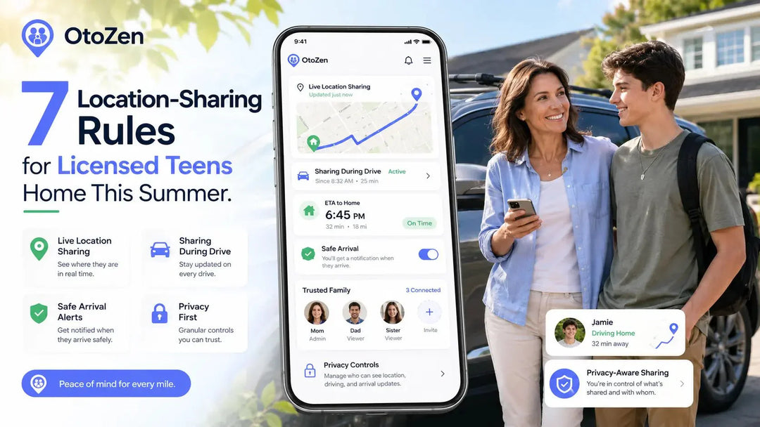 Parent and licensed teen reviewing OtoZen live location sharing rules before a summer drive