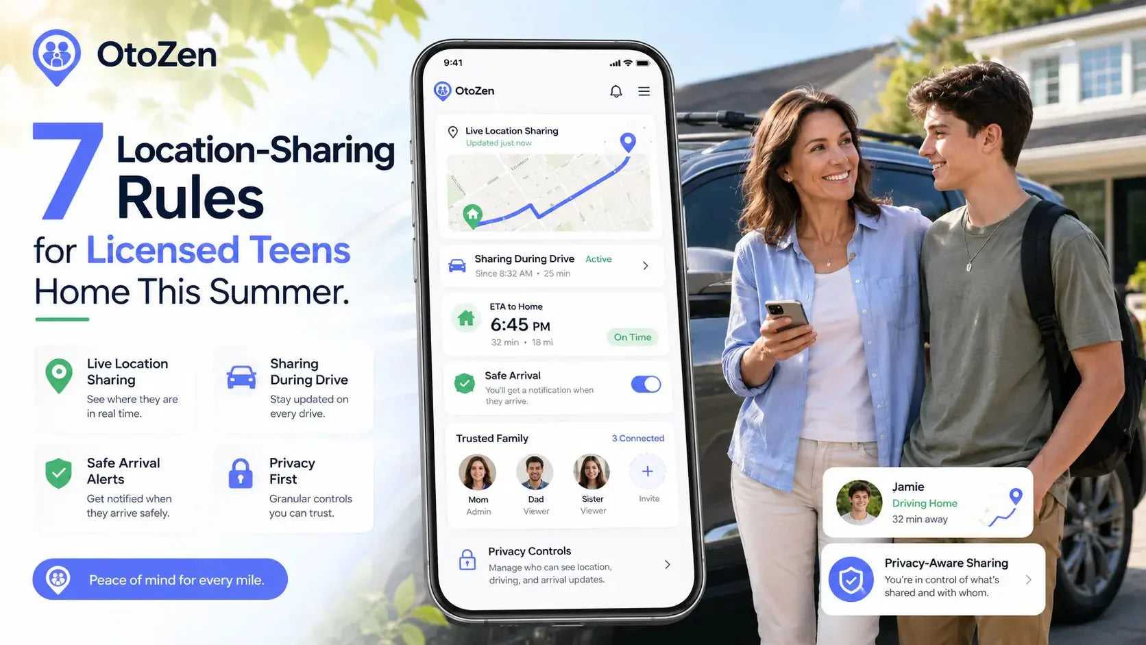 Parent and licensed teen reviewing OtoZen live location sharing rules before a summer drive