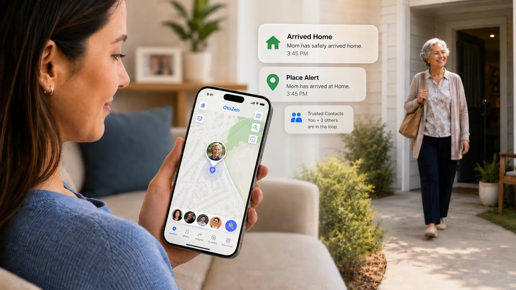Adult child viewing an OtoZen caregiving app with arrival alert, ETA sharing, trusted contacts, and SOS for an aging parent living far away.