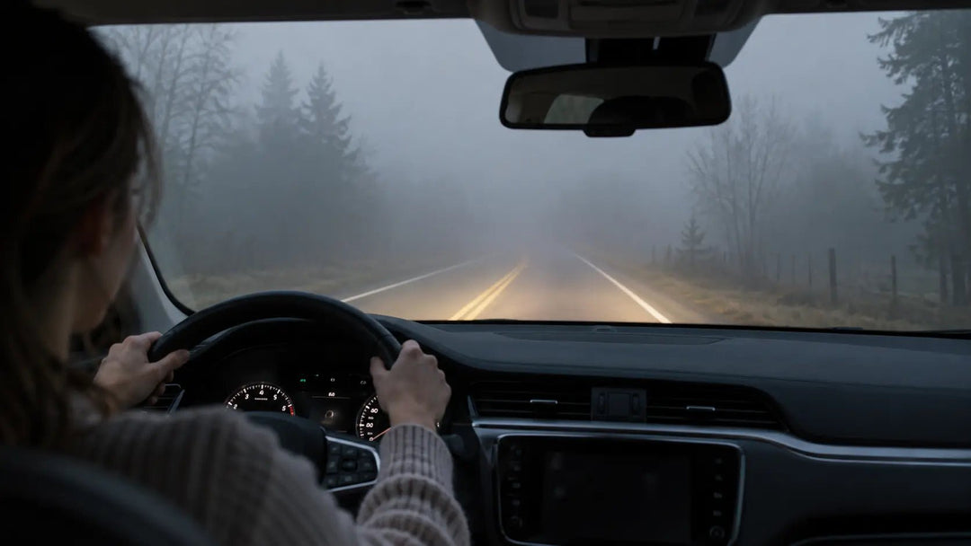 New driver carefully driving on a foggy road with low-beam headlights on