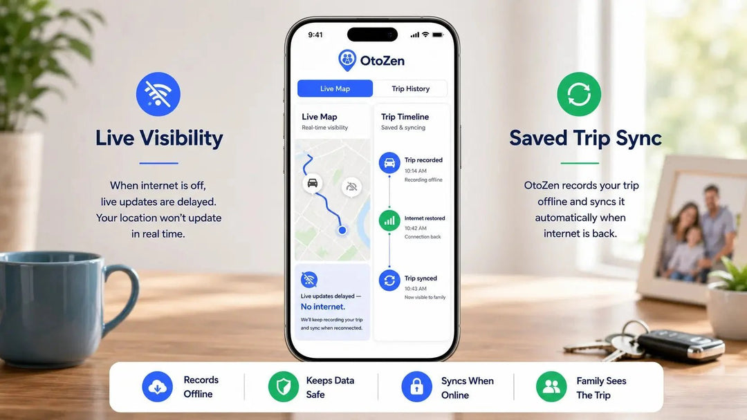 OtoZen app screen showing live location delayed without internet and a saved trip syncing after the phone reconnects.