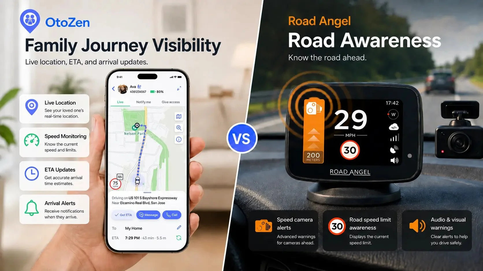 OtoZen vs Road Angel comparison showing speed-camera alerts, live family location, driver speeding warnings and family notifications.