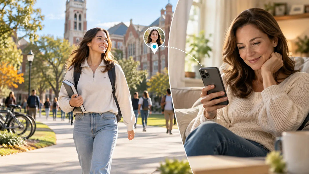 College student on campus using consensual location sharing with a parent