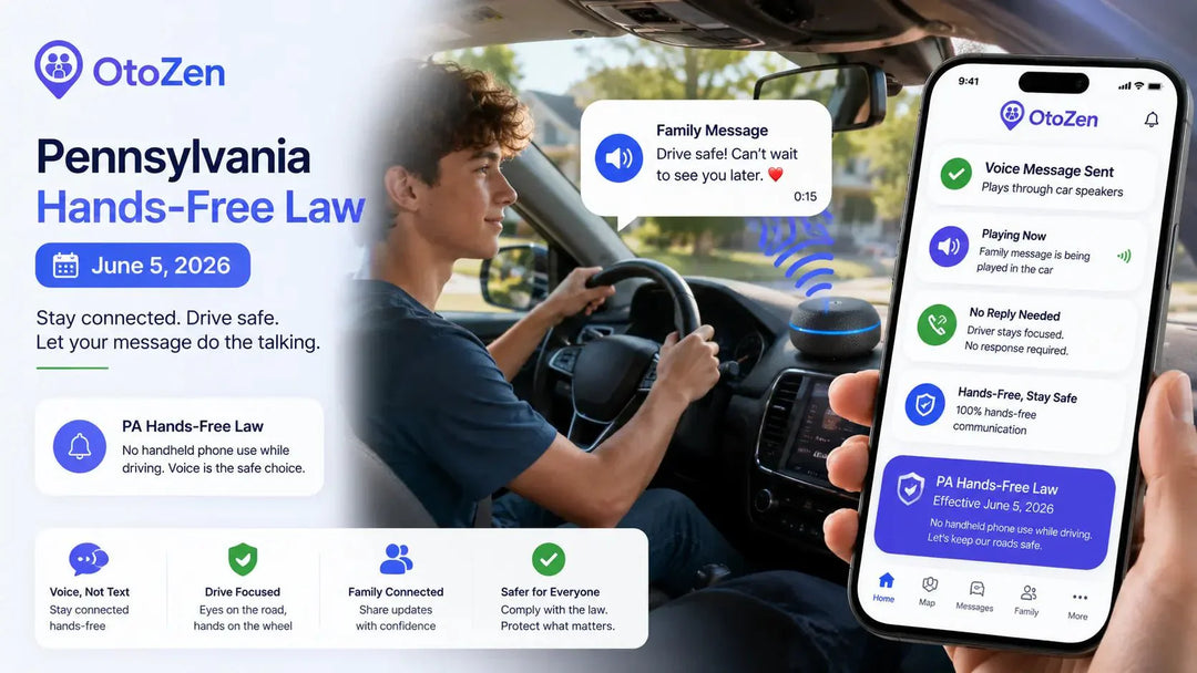 Pennsylvania family using OtoZen hands-free voice messages while a driver keeps their phone down on the road