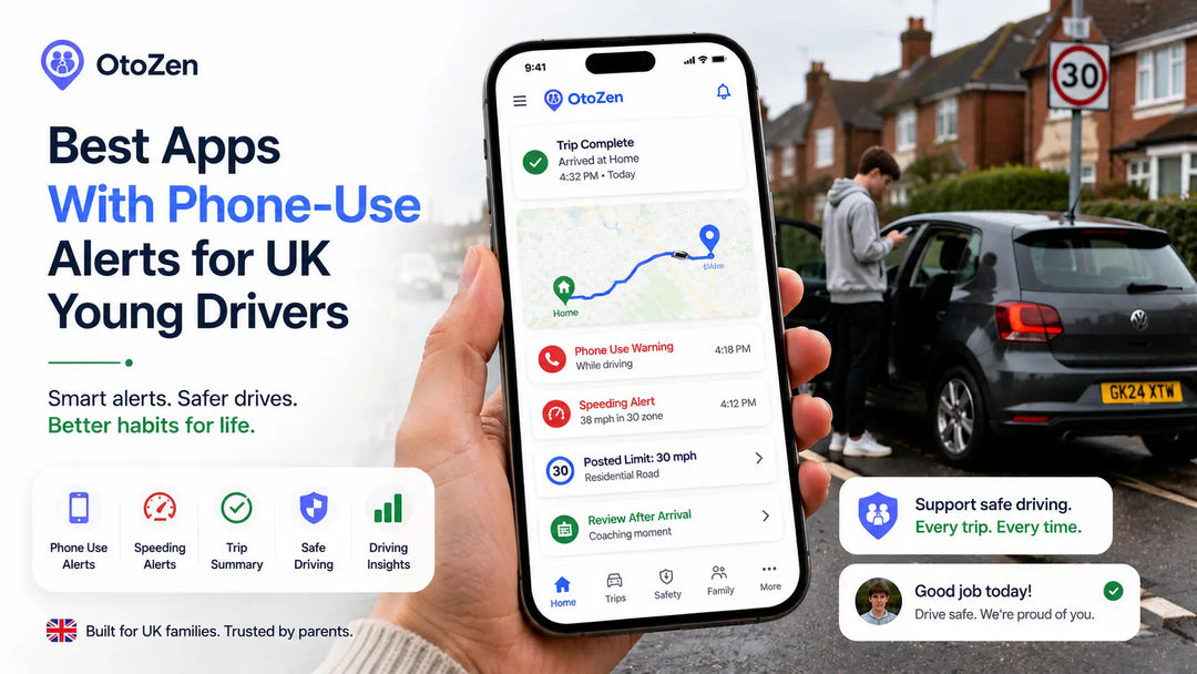 UK parent reviewing phone-use alert app for a young driver with OtoZen driving alerts and speed information