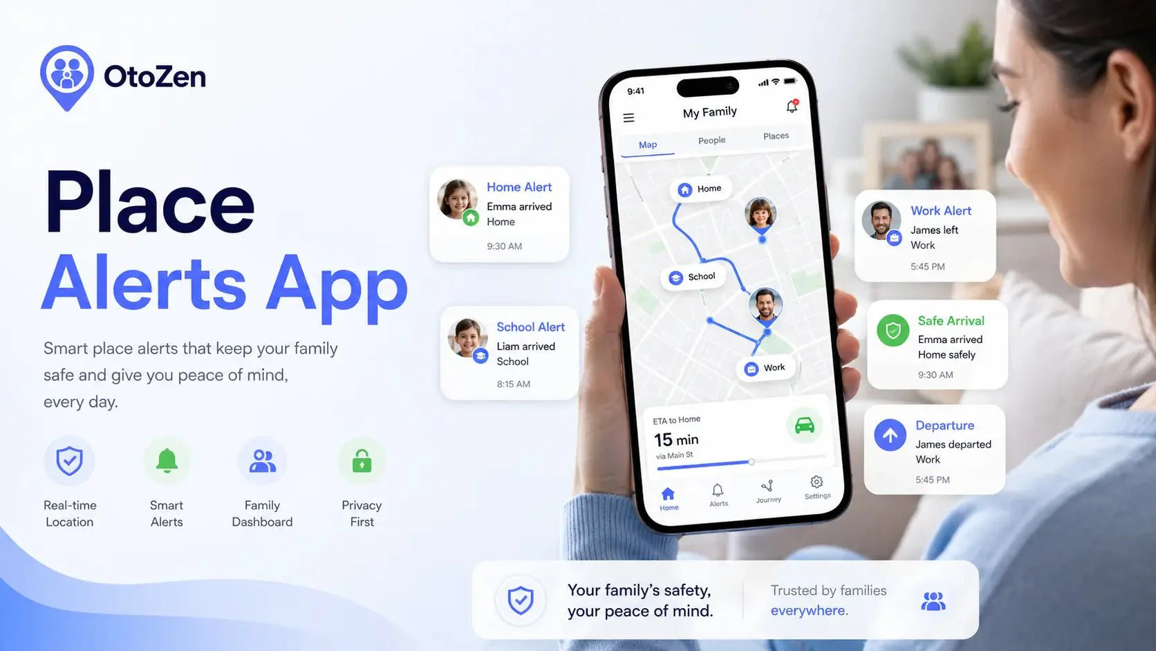 Place alerts app showing home, school, and work arrival notifications with live family location and ETA