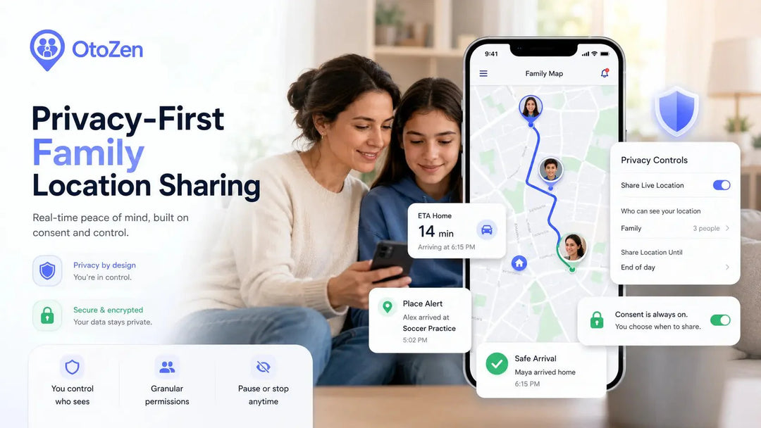Privacy location sharing app showing family live location, ETA, place alerts, and privacy controls