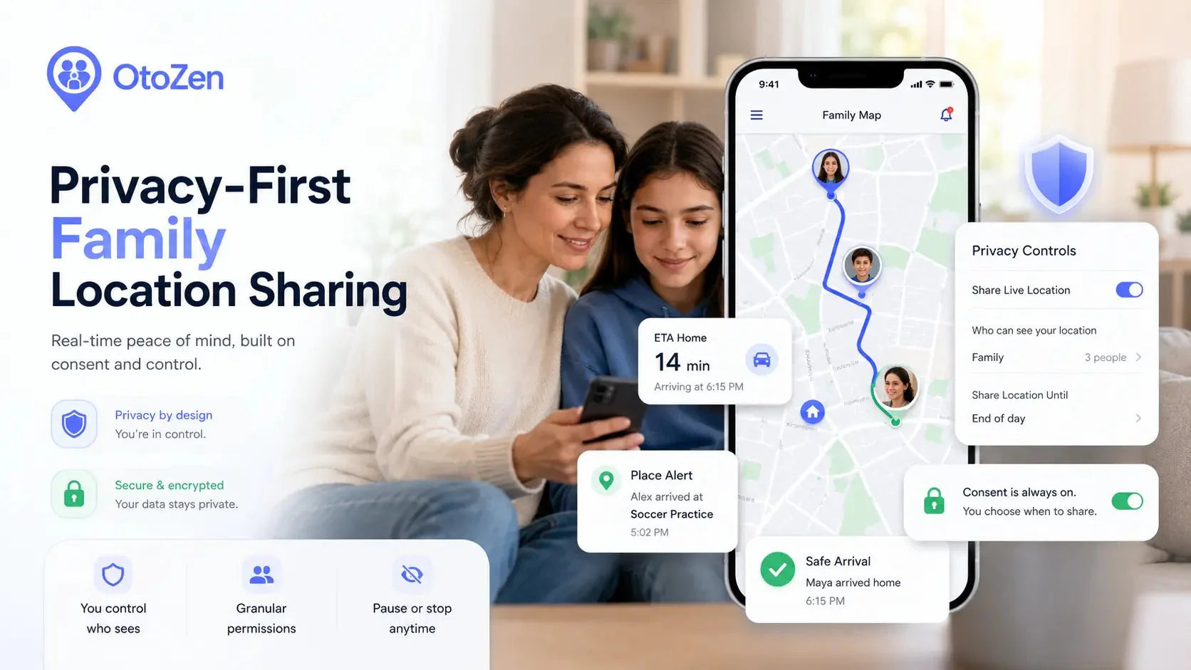 Privacy location sharing app showing family live location, ETA, place alerts, and privacy controls
