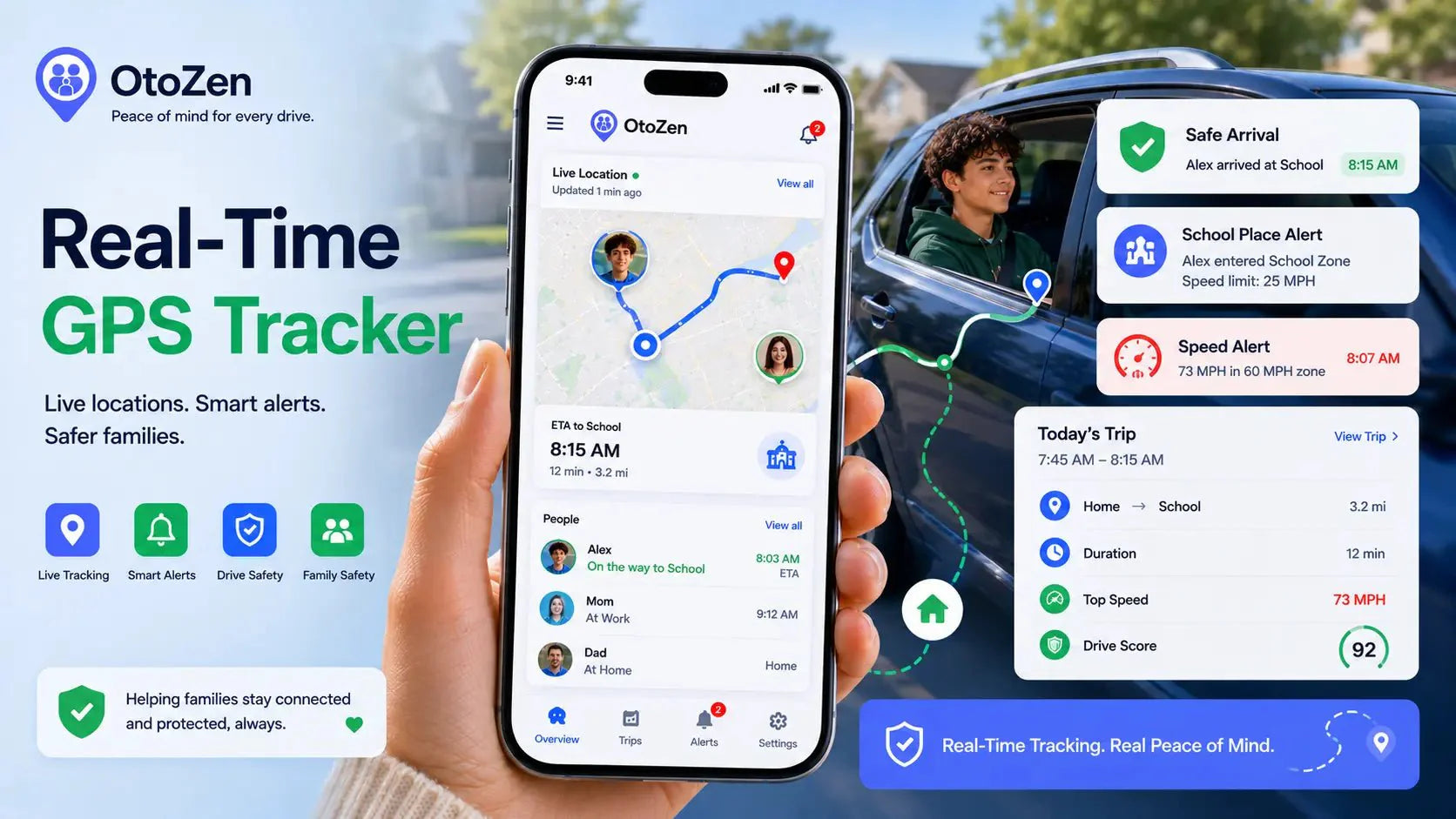 Real-time GPS tracker app showing live location, ETA, place alerts, and family driving safety features