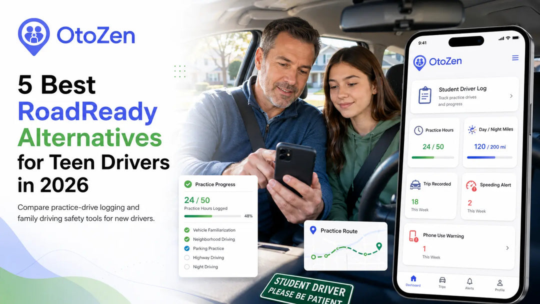 RoadReady app alternative comparison showing student driving log, practice hours, live location and driving alerts in OtoZen